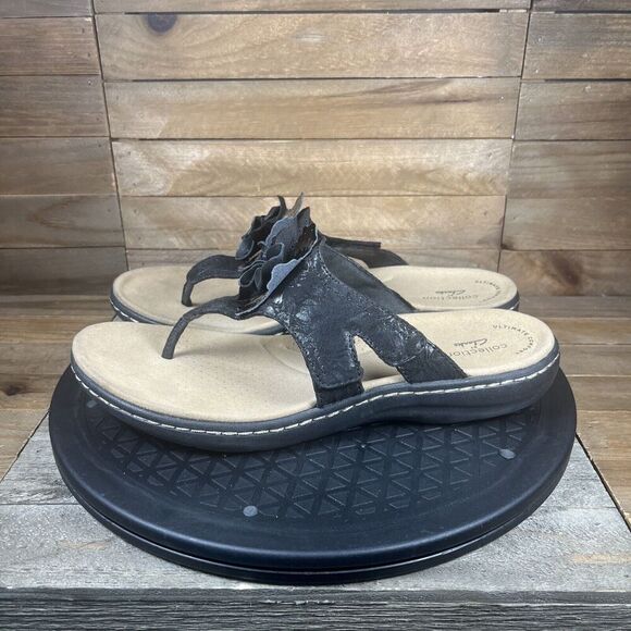 Clarks Women's Size 8 Laurieann Gema Black Leather Open Toe Floral Sandals - Picture 3 of 10